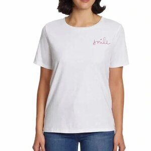 Ella Moss T Shirt Size XL Crewneck Short Sleeve Smile Embroidered White Cotton